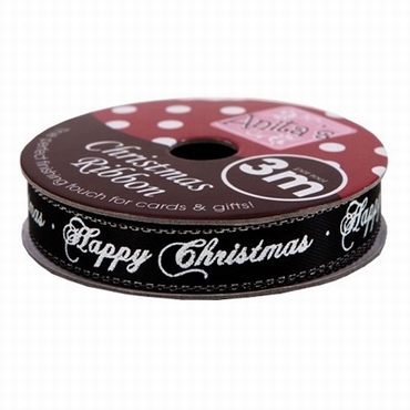 3 Meter HAPPY CHRISTMAS lint op rol, zwart wit