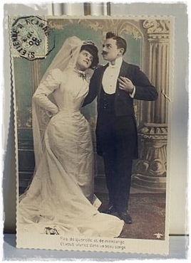 Vintage trouwkaart, 20×13 cm. op linnen, met enveloppe