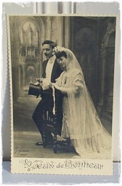 Vintage trouwkaart, 20×13 cm. op linnen, met enveloppe