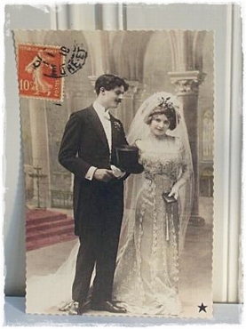 Vintage trouwkaart, 20×13 cm. op linnen met enveloppe