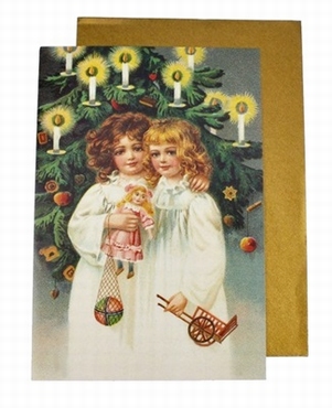 Victoriaanse dubbele grote kerstkaart 11,5 x 17cm met gouden enveloppe, 2 zusjes bij de kerstboom