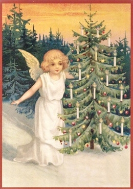 Victoriaanse kerstkaart met glitters, engel bij de boom