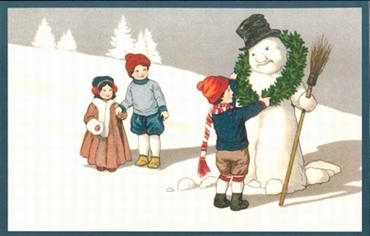 Victoriaanse kerstkaart, sneeuwpop krijgt een krans.