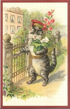 Postcard , Poes Major de postbode brengt bloemen, afm. 14 x 9 cm.