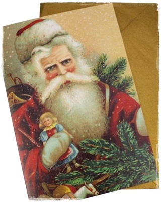 Dubbele victoriaanse grote kerstkaart, 11,5 x 17cm Father Christmas met gouden enveloppe