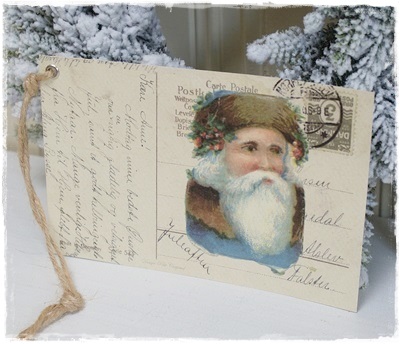 Grote Kaart Father Christmas Linnen Aan Touwtje, 17 X 11 Cm.