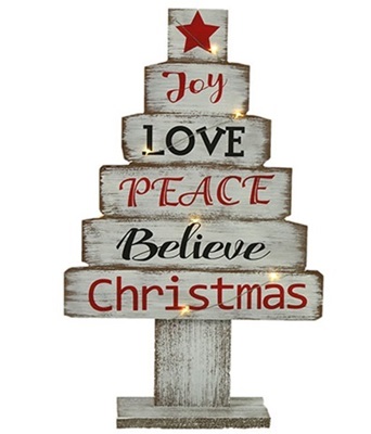 Brocante Kerstboom, Hout, Joy, Love Peace Met Ledlichtjes, 42,5 Cm. Hoog.