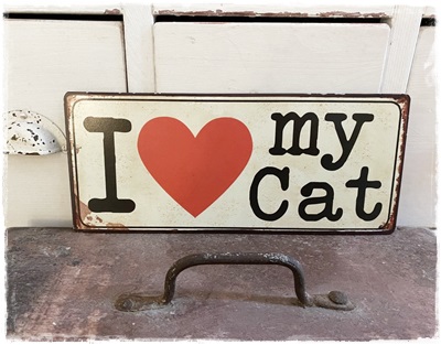 Tekstbord metaal, I love my cat, afm. 30 x 13 cm.