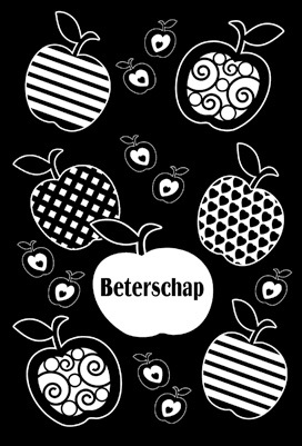 Dubbele kaart, zwart wit, met glitzsteentje erop, plus enveloppe “BETERSCHAP”(appels)
