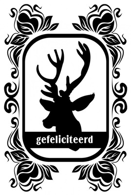 Dubbele Kaart, Zwart Wit, Met Glitzsteentje Erop, Plus Enveloppe “GEFELICITEERD” (hert)