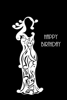 Dubbele kaart, zwart wit, met glitzsteentje erop, plus enveloppe “Happy birthday”(vrouw)