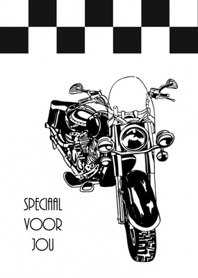 Dubbele kaart, zwart wit, met glitzsteentje erop, plus enveloppe “SPECIAAL VOOR JOU”(motor)