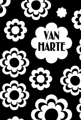 Dubbele kaart, zwart wit, met glitzsteentje erop, plus enveloppe “VAN HARTE”(bloemen)