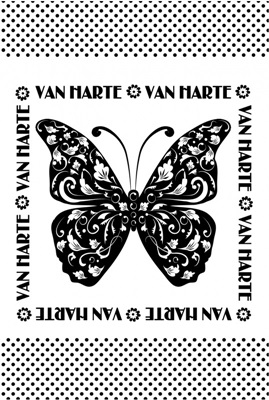 Dubbele kaart, zwart wit, met glitzsteentje erop, plus enveloppe “VAN HARTE”(vlinder)