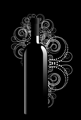 Dubbele kaart, zwart wit, met glitzsteentje erop, plus enveloppe “(zonder tekst, fles wijn)