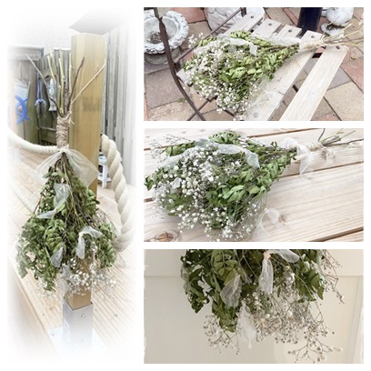 Bos bloemen met gedroogd gipskruid en gedroogde eucalyptus plus organzastrikjes