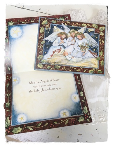 Hele mooie dubbele kaart “May the angels of peace watch over you…..”13,5 x 17,5 cm. plus enveloppe