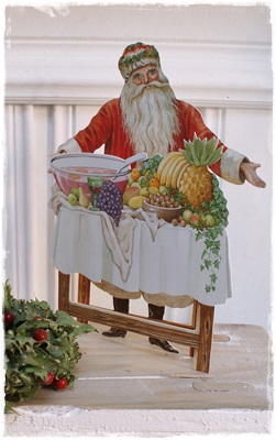 Oude kerstkaart uit engeland jaren 40, die kan staan 20 x 16 cm. met enveloppe, (afb. kerstman, ananas,druiven)