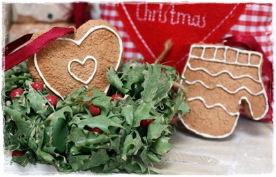 Gingerbreadhanger handschoentje aan rood lintje.