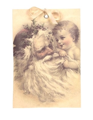 Geurzakje 12 x 17 cm. met antieke afbeelding father christmas with baby, kaneelgeur aan lint