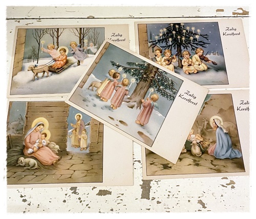 Set van 5 kaarten kerst uit de jaren 50. (70 jaar oud)