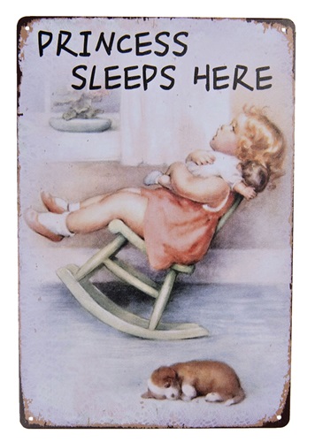 Oude look tekstbord metaal, Princess sleeps here, afm. 20×30 cm.