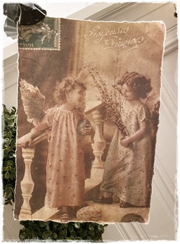 Poster linnenpapier, ant.afb. Easter with angels 30 x 21,5 plus nostalgische clip jdl