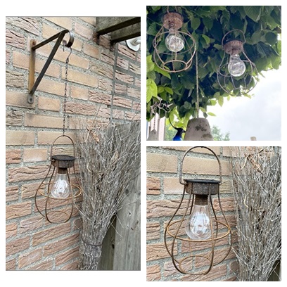 Oude look roest Solar hanglampje aan ketting. (totaal 50 cm.)