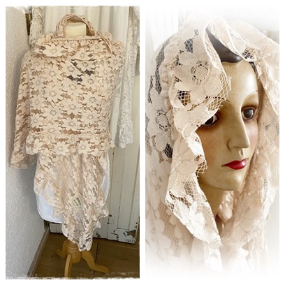 JDL Romantische sjaal/omslagdoek van prachtig kant en roezel, afm. 2.20 x 50 cm.