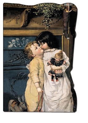 Victoriaans dubbel kerstkaartje glanzend met envelop, a kiss under the mistletoe ,12 x 8 cm