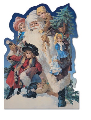 Victoriaans dubbel kerstkaartje glanzend met envelop, Santa play with the children