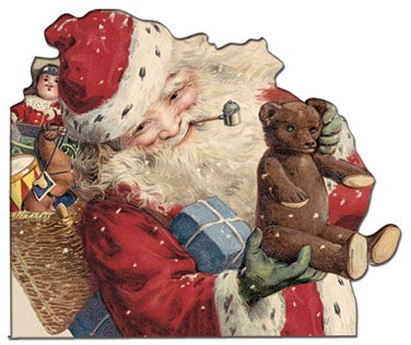 Victoriaans dubbel kerstkaartje glanzend met envelop, Father Christmas brings presents , 11 x 9 cm.