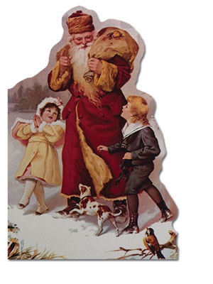 Victoriaans dubbel kerstkaartje glanzend met envelop, Father Christmas with Dean and Jane