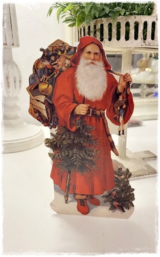 Prachtige victoriaanse kaart, Santa (blijft staan) met boom, kadootjes, 17×10 cm.