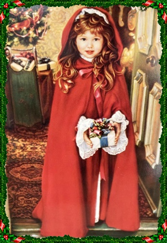 Prachtige dubbele victoriaanse kaart, Merry Christmas little girl (18×13 cm.) met enveloppe