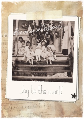 Vintage grote kaart (21 x 14,8 cm) Christmas Joy to the world, gedrukt op stevig (300 grams) gerecycled papier/enveloppe
