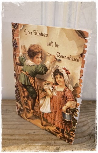 Dubbel victoriaans kaartje Your kindness will be remembered afm. 8×10,5 cm. + envelopje