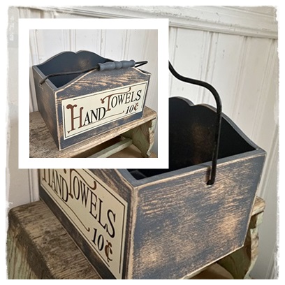 Brocante Houten Bak Hand Towels Met Hengsel, Oud Blauw, Afm. 25x19x17