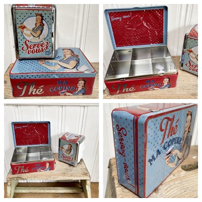 Hele leuke keukenset, Miss Fifties theeblik in relief met tissueblik, beide jaren 50 afbeelding.