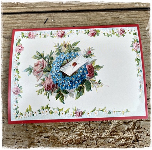 Prachtige kaart, antieke afb. en glittertjes, 10.5 x 15 cm. Bloemen/rozen