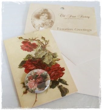 victoriaanse buttonkaart rozen en mooie tekst. dubbele kaart
