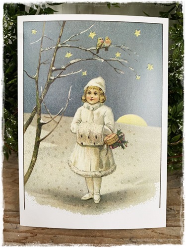 Postcard met glitters, antieke afb. Wintermeisje met vogeltje, afm. 10,5 x 15 cm.