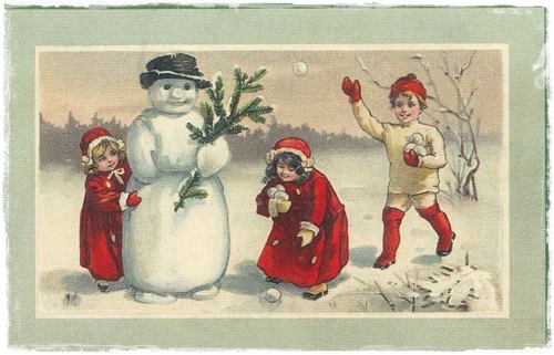 Postcard  met superleuke victoriaanse afbeelding sneeuwpret met de sneeuwpop