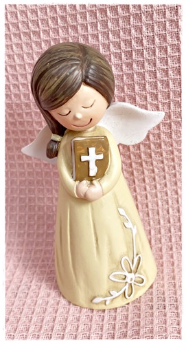 Schattige kwalitatief mooie gedetailleerde engeltje met bijbel merk Dicksons, geel jurkje, van hars 10 cm.
