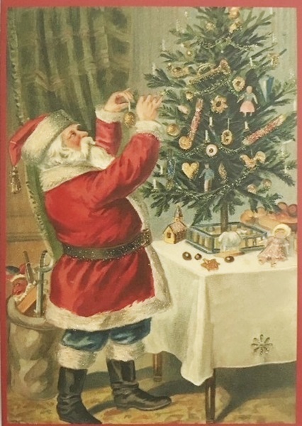 Victoriaanse kerstkaart met glittertjes, 10,5 x 15 cm. Santa versierd de boom