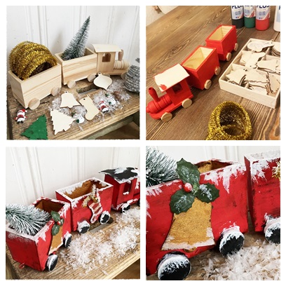 DIY Locomotief plus 2 wagons van hout, verven tot kersttrein, 34 cm. lang in de kleuren die je zelf kiest