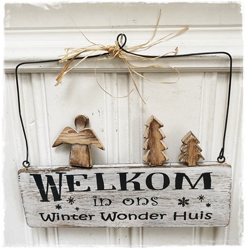 Houten hanger, Welkom in ons winter wonder huis 15 x 25 cm.