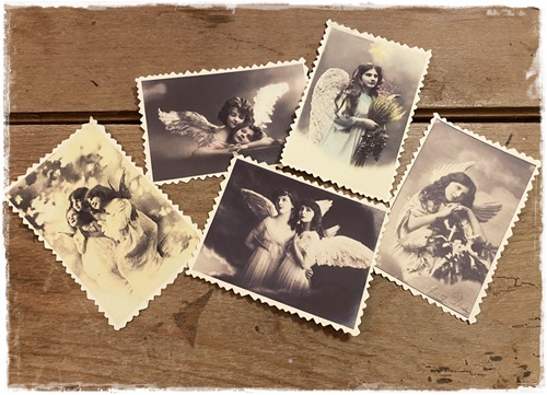 Set van 5 x kaartje afm. 9 x 5,5 cm. met kartelrandje en afbeelding engeltjes, set 2