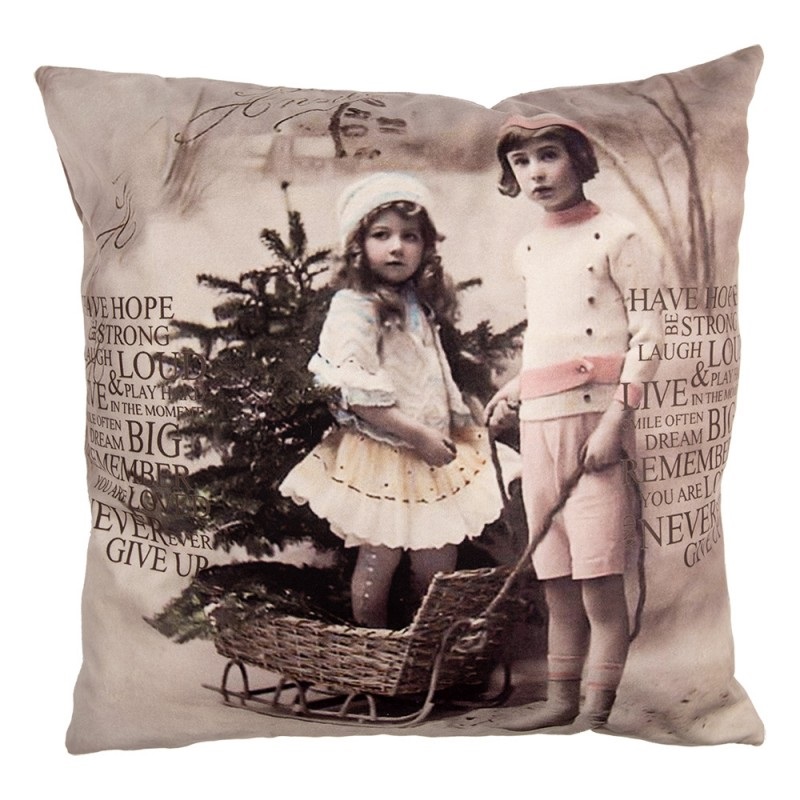 Kussenhoes 45×45 cm. victoriaanse kerstafbeelding., spelen in de sneeuw