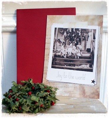 Vintage grote kaart (21 x 14,8 cm) Christmas Joy to the world, gedrukt op stevig (300 grams) gerecycled papier/rode enveloppe